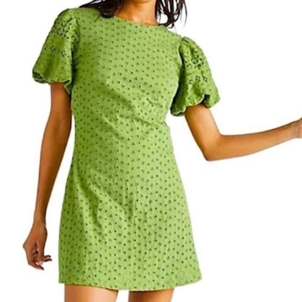 NEW Free People Apricot Eyelet Green Puff Sleeve Open Tie Back Mini Dress XS